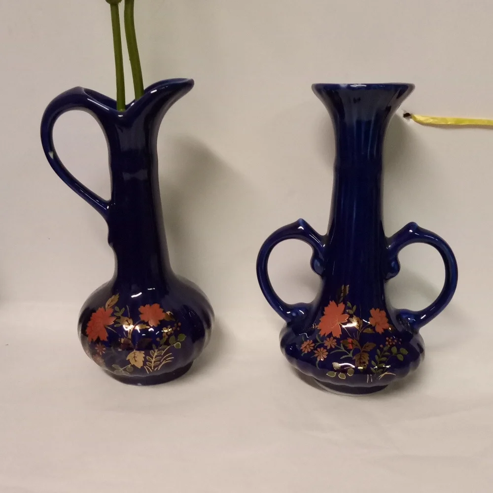 Vintage Cobalt Blue Pitcher Budding Vase Mini C-Handles Floral Pattern 5